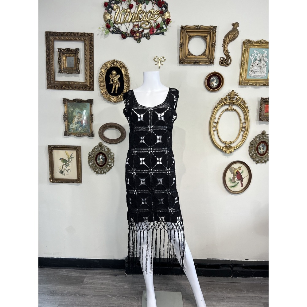 Glamorous Black Crochet Knit Boho Fringe Dress Small